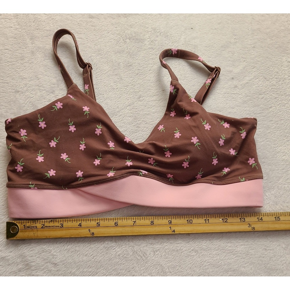 JoyLab Brown Pink Floral V-Neck Sports Bra Crossover Band Adjustable Straps M - Picture 6 of 11